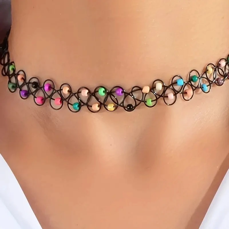 Colorful Rice Beads Elastic Tattoo Choker Necklace Personality Neck Chain Jewelry