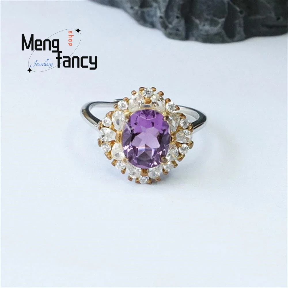 

S925 Silver With Natural Amethyst Ring Purple Coloured Gemstone Exquisite Wedding Souvenir High-grade Elegant Fashion Jewelry