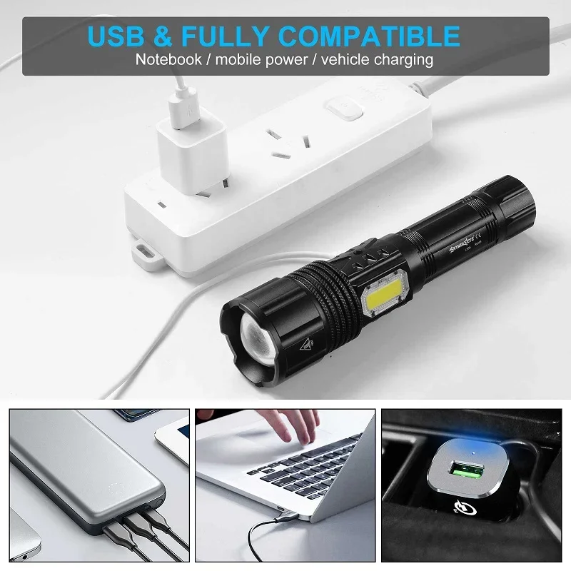 Skywolfeye XHP50 Flashlight Set Rechargeable USB Super Bright Torch High Power 5 Modes with COB Side Light