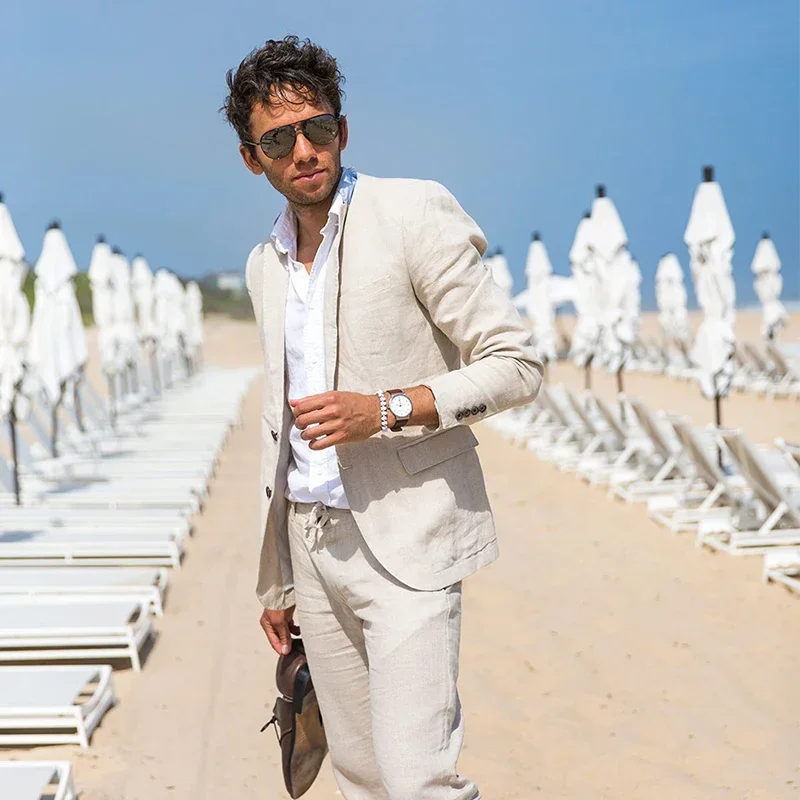 

Linen Beach Suits For Men Wedding Groom Tuxedo Summer 2 Pcs Prom Party Suit Jacket With Pants Male Fashion Costume