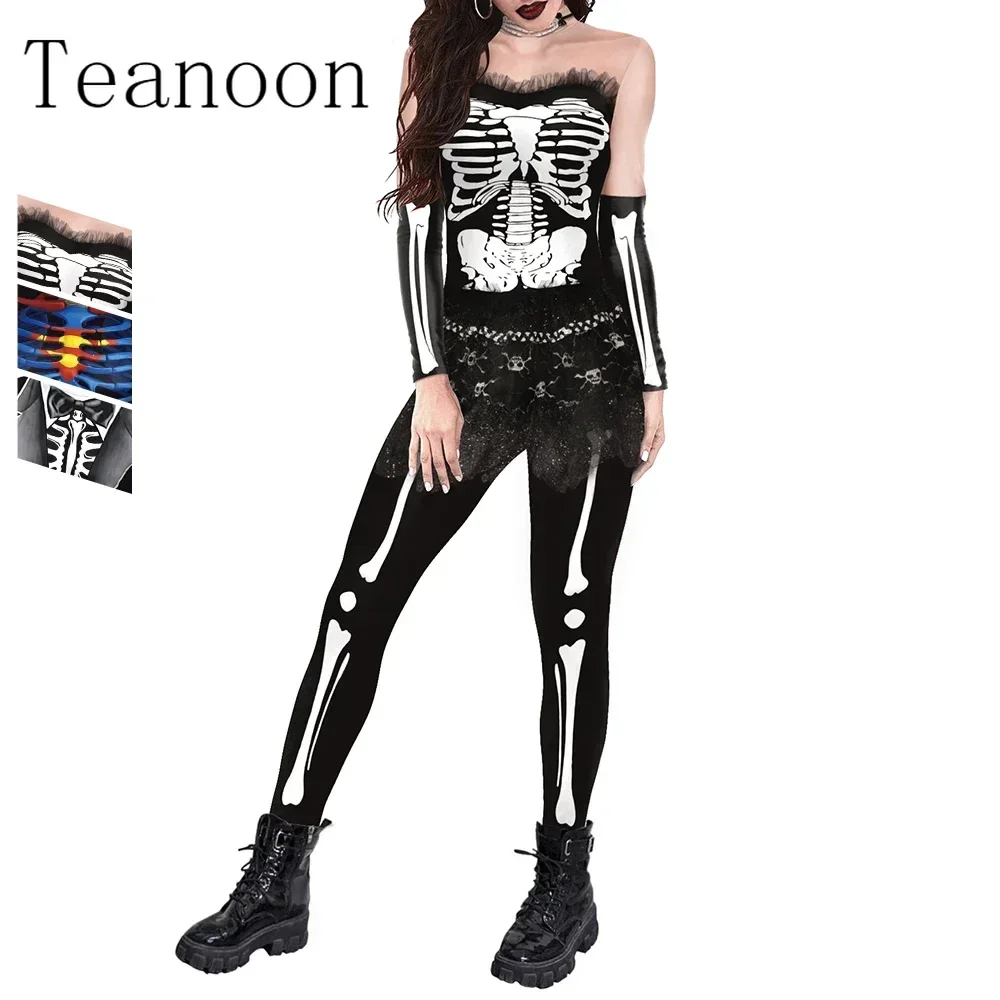 2024 New Women Men Fashion Jumpsuit Long Sleeve Skull Print Party Bodysuit Holiday Party Funny Cosplay Costumes Performance