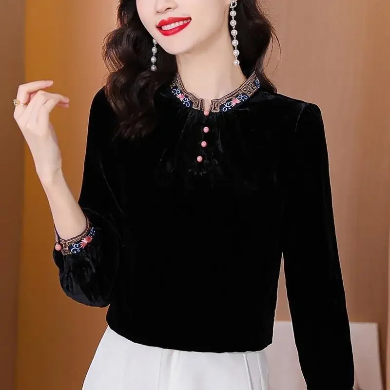 Retro Embroidery Stand Collar Shirt Women Autumn Winter High-end Velvet Tops Anti-aging Beautiful Chic Slim Looking Shirt Design