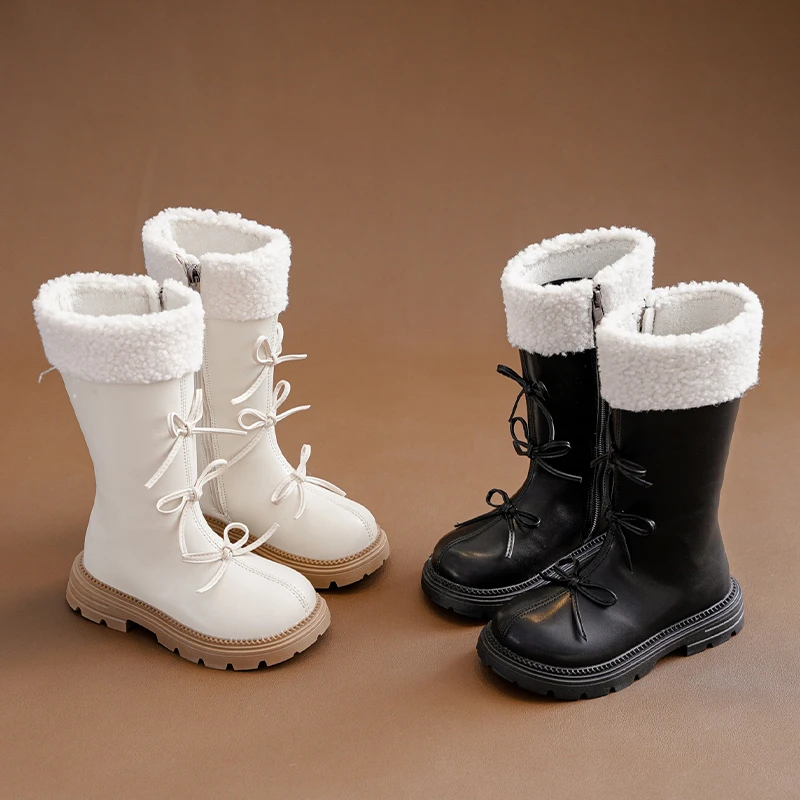 New Girls Plush Boots Winter Sweet Bowknot Princess Fashion Children Causal Long Boots Catwalk Dress Versatile Kids Cotton Boots