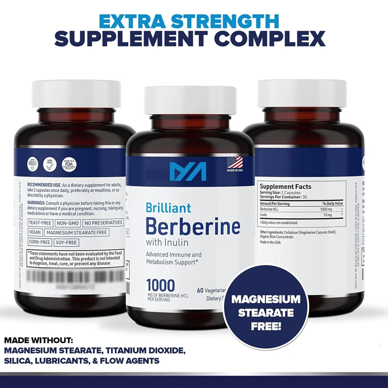 Berberine HCL 1000mg supplement complex contains inulin and 500mg aspartic acid. Magnesium stearate free herbal supplement