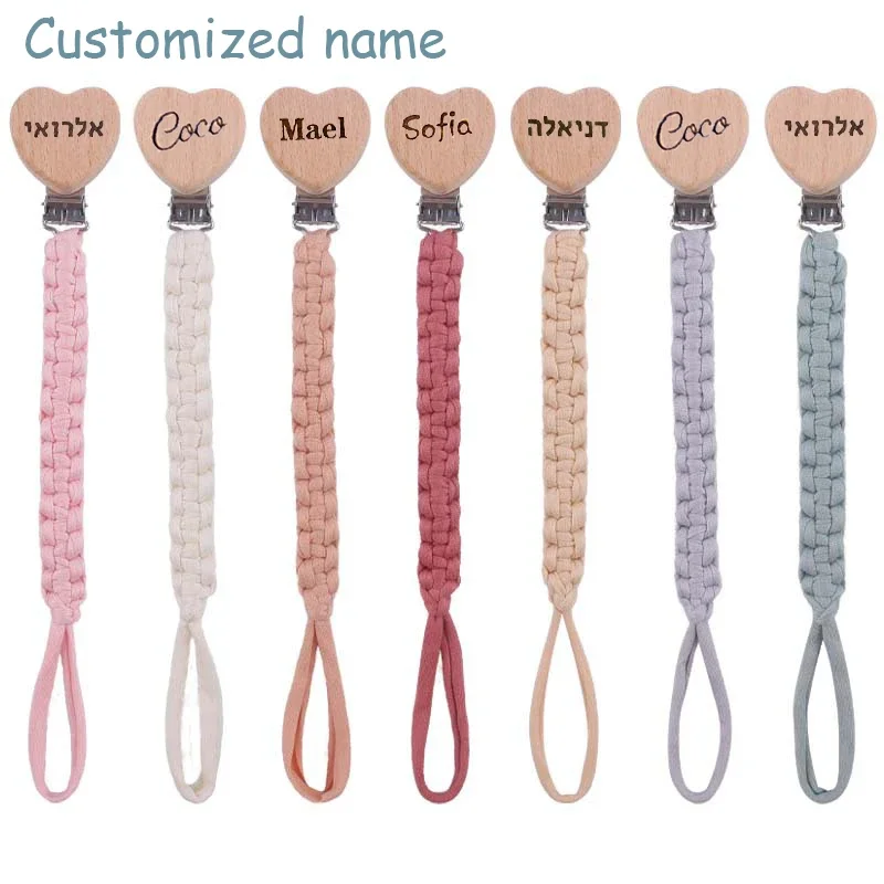 Custom Name Cloth Weaving Wooden Personalized Baby Pacifier Chain Dummy Nipple Holder Guard Teether Pendant Newborn Gift Stuff