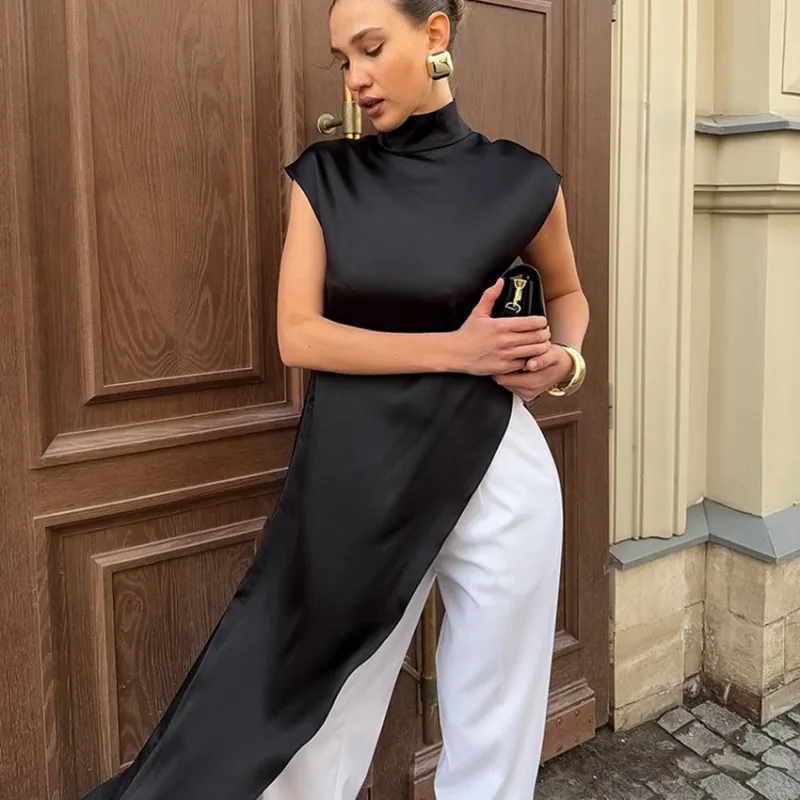 Women Solid Fashion Satin Dress Summer Turtleneck Loose Casual Maxi Dresses Femme High Street Elegant Party Dress Female