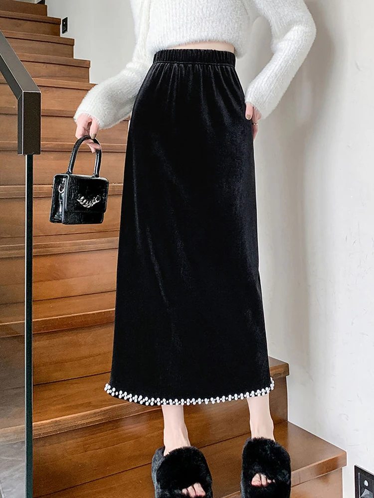 

Элегантные бархатные длинные юбки с разрезом сзади, женские тонкие винтажные юбки с высокой талией и жемчугом, осень-зима, повседневная мягкая теплая длинная юбка, новинка