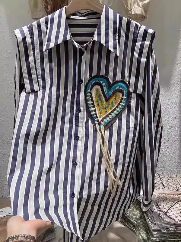 

Футболка оверсайз 300 Pou в американском ретро-стиле с вышивкой в виде сердца, повседневная, в полоску, для мужчин и женщин, весна-осень, свободный крой