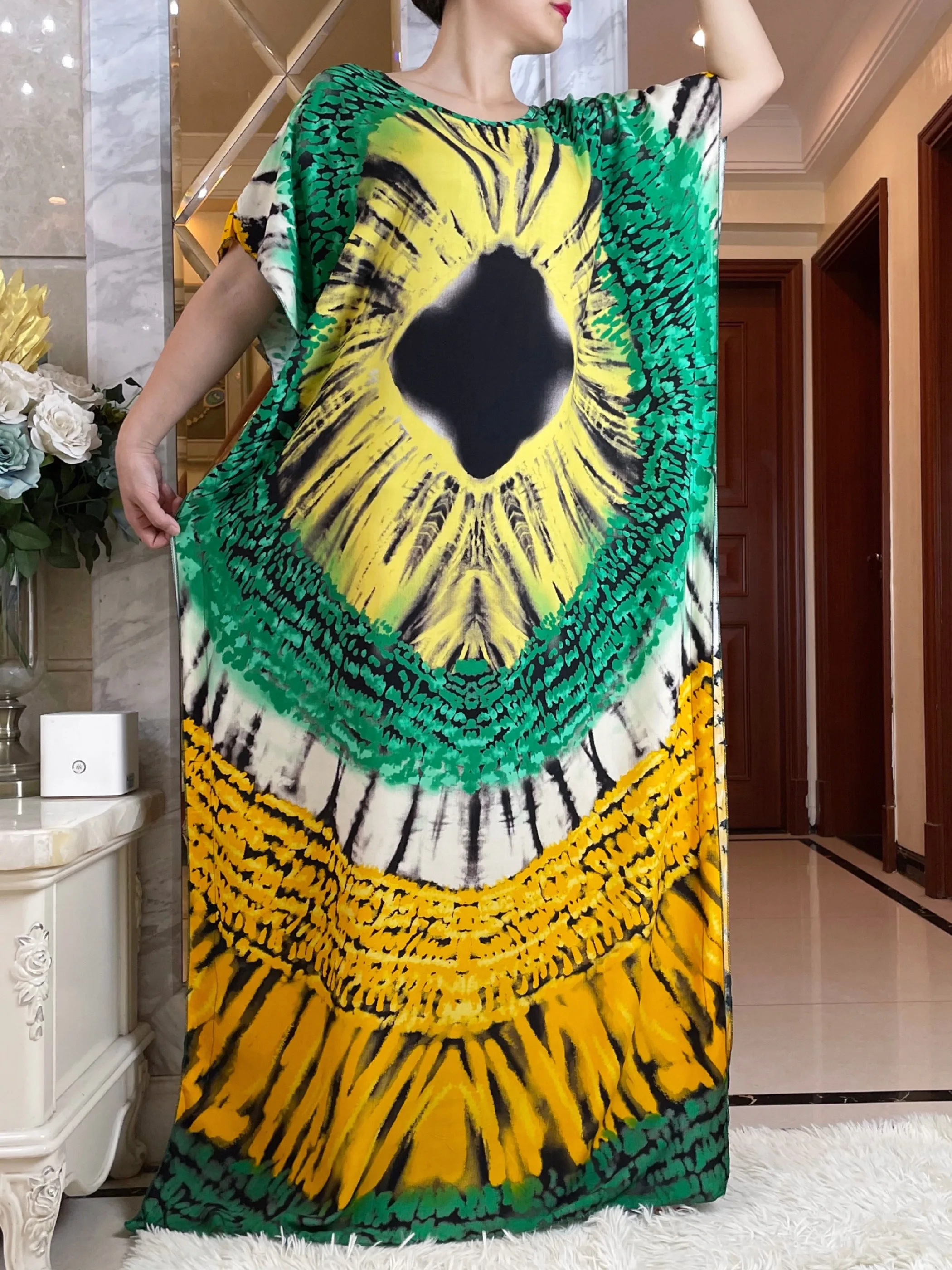 2023New Dubai Muslim Short Sleeve Dress With Big Scarf African Dashiki Printing Cotton Caftan Lady Summer Maxi Casual Abaya