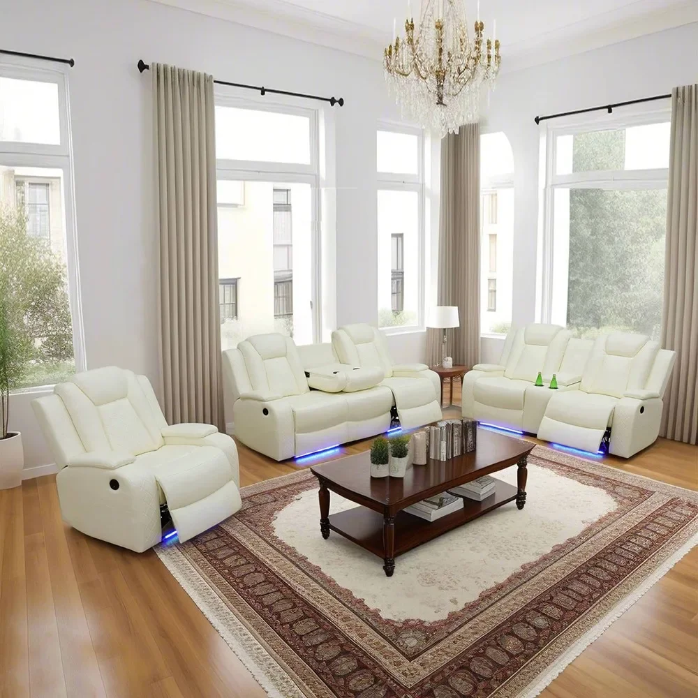 

White Breathing Leather 3-Piece Living Room Recliner Sofa Set Breathable Chairs Luxury Sofa Home Sofa Set Living Room Furniture