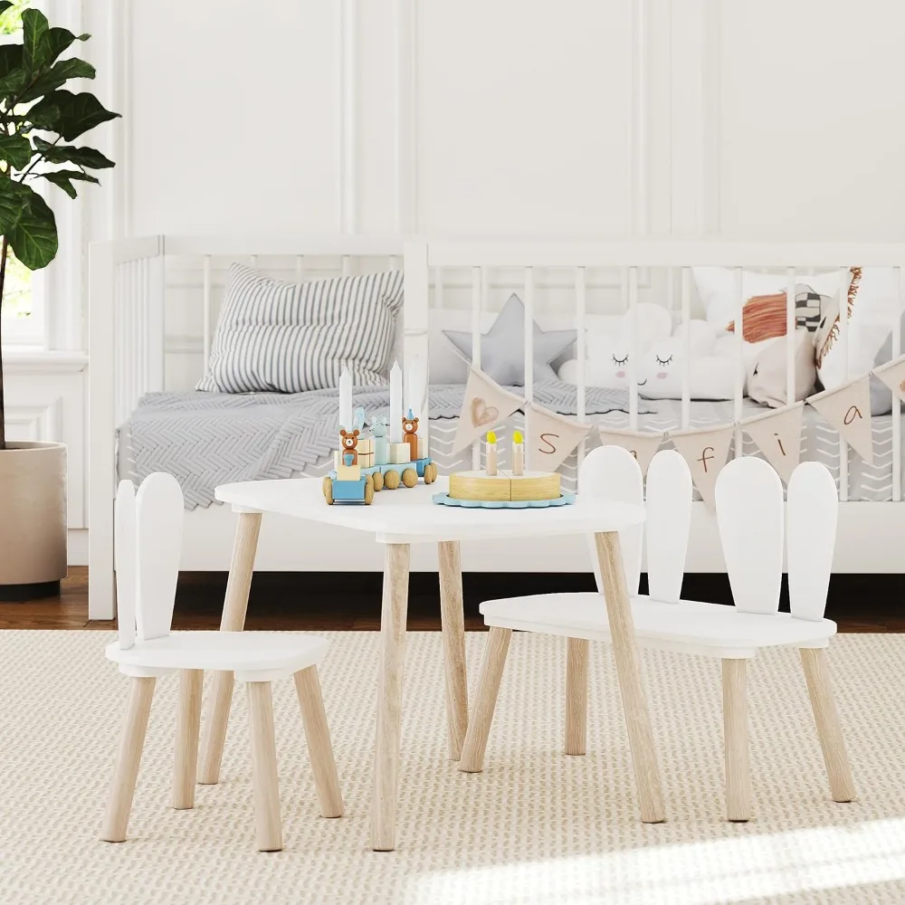 Ualer- Ensemble table et chaise pour enfants, table pour tout-petit avec chaise lapin et banc, table d'enfants en bois 3 pièces pour chambre d'enfant, salle d'irritation