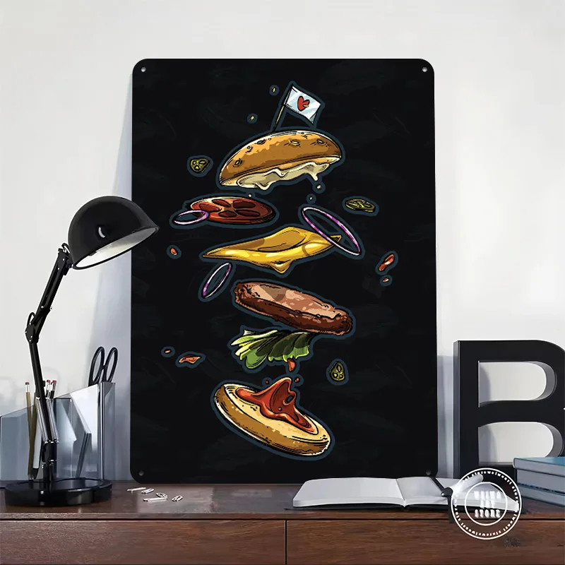 Floaty Burger Personalized 3D Textured Metal Poster Wall Art Vintage Tin Signs for Office Decor Room Home Decoration Gaming Cozy
