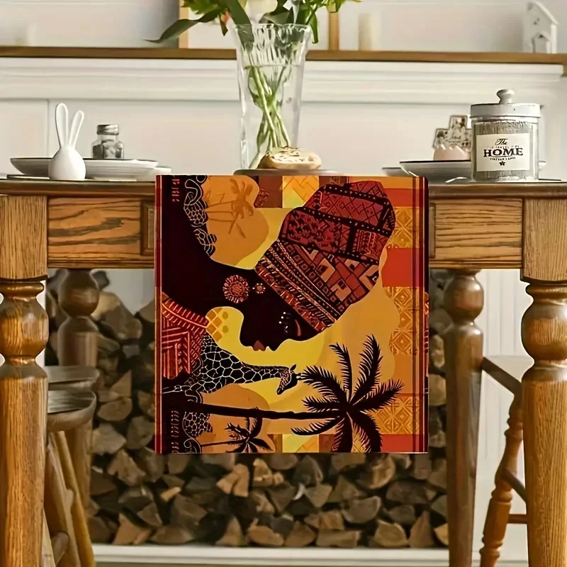 VIKAMA African Woman Giraffe Palm Tree Table Runner, Polyester Washable Table Scarf Tribal Ethnic Dining Table Decor