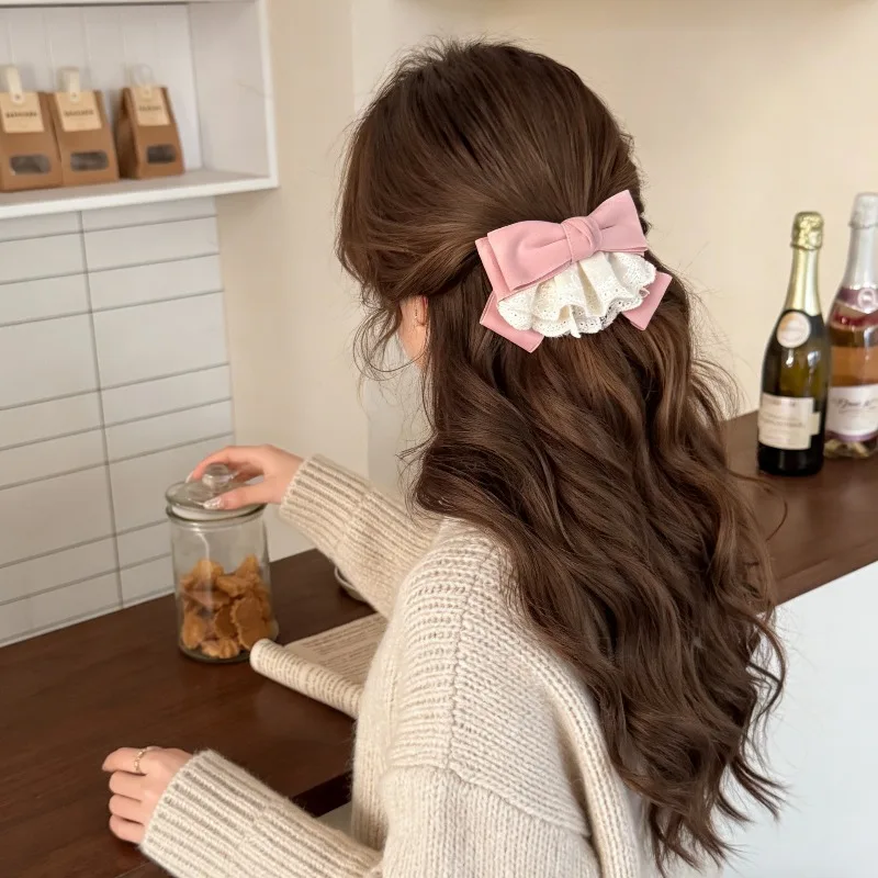 

Fabric Bow Lace Trim Spring Clip for Women 2026 New Arrival Updo Hair Clip Half Up Hairstyle Elegant Romantic Daily Accessories