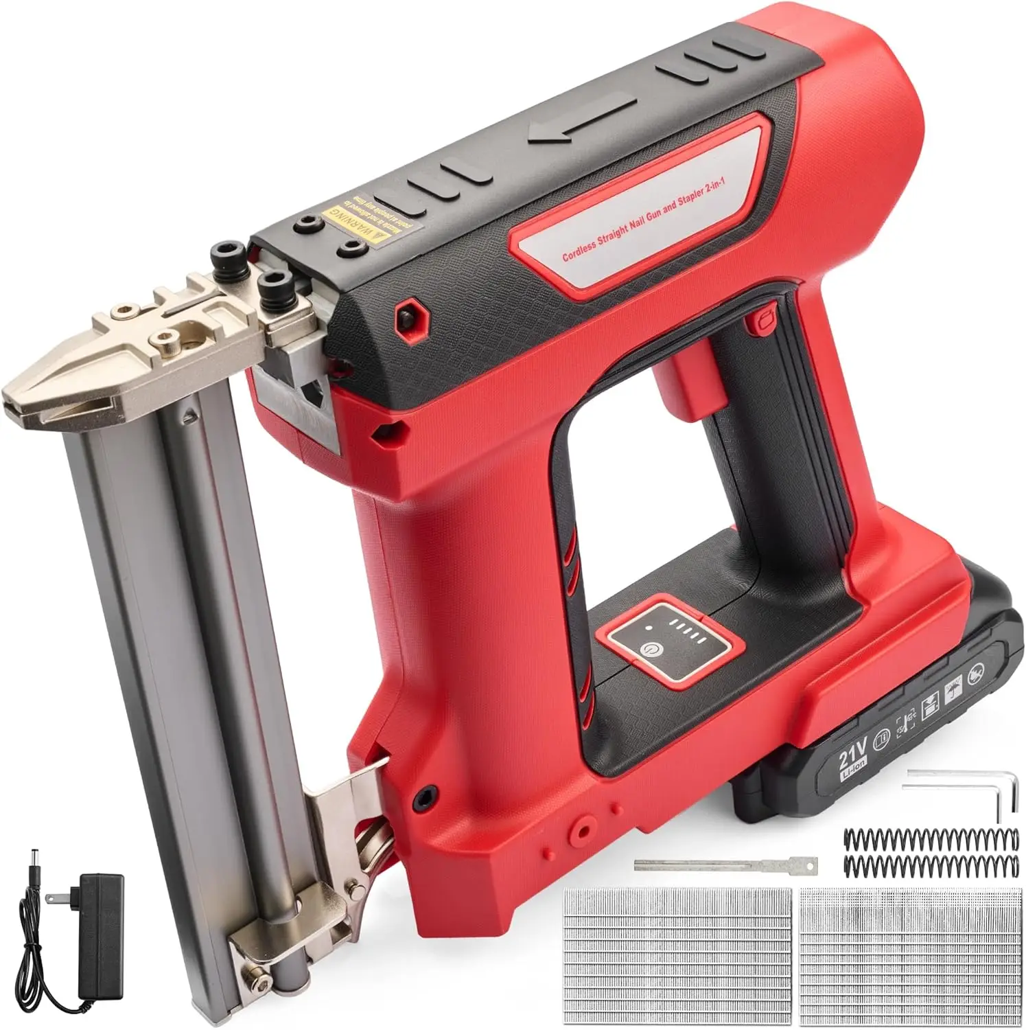 18GA 2-in-1 Cordless Electric Nailer and Stapler, 21V Battery Powered with 2.0Ah Lithium-Ion, Includes 1000 Nails & 1000 Staples, Adjustable Depth for Woodworking, Upholstery, and DIY Projects