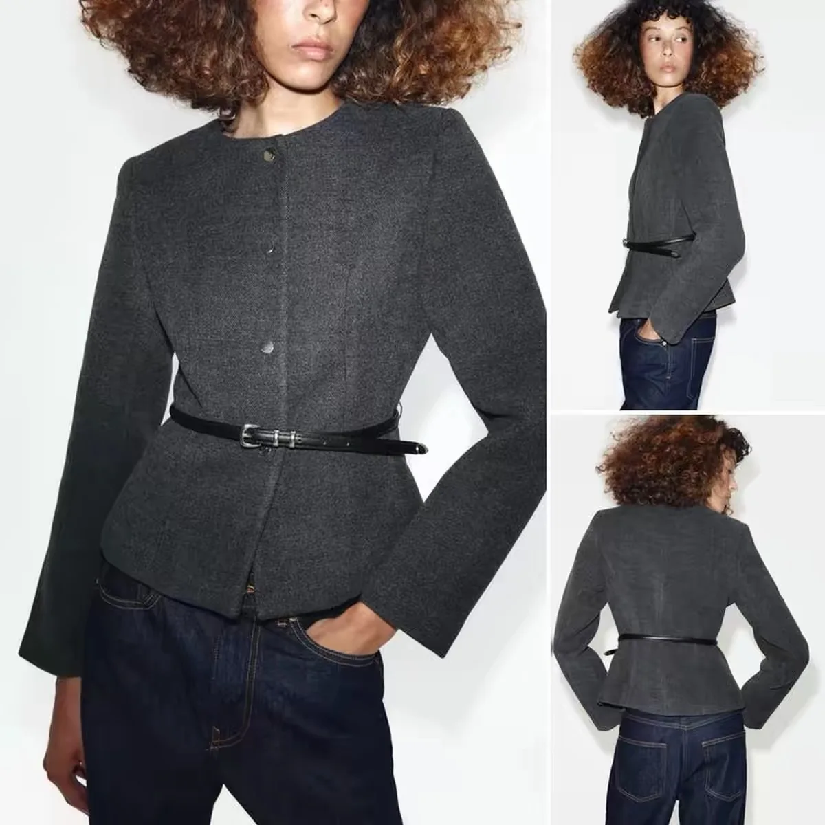 Soft Outerwear Coat Women's round Neck Long Sleeve New Autumn Belted Pure Color Short Style Button Closure Polyester Fiber