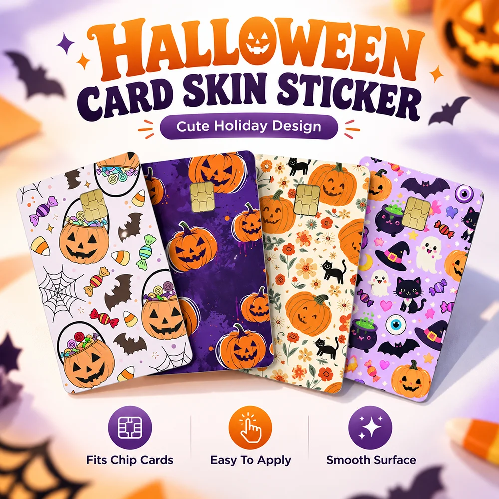 Vintage Halloween Card Skin Sticker Floral Pumpkin Black Cat Autumn Pattern Decorative Bank Card Chip Cover For Chip Cards