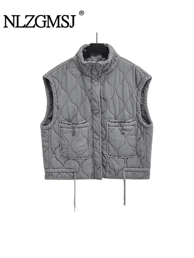 Nlzgmsj 2024 Autunno Inverno Donna Tasca Giacca di cotone Gilet senza maniche Stand Collo con cerniera Gilet Allentato femminile Streetwear