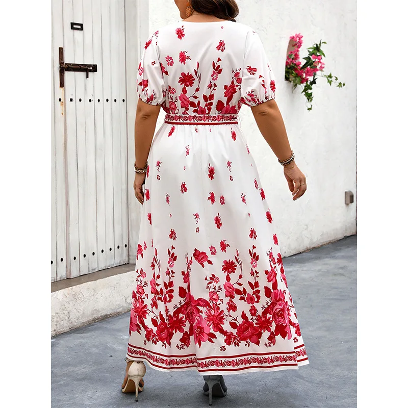 Spring and summer new vintage V-neck printed dress  Plus Size cross-border Europe and the United States high waist slim lantern