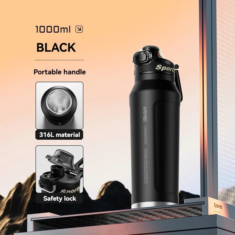 1L Thermosflasche Edelstahl Eis- und wärmeisolierte Tassen Wandern Radfahren Fitness Isolierflaschen mit Griff