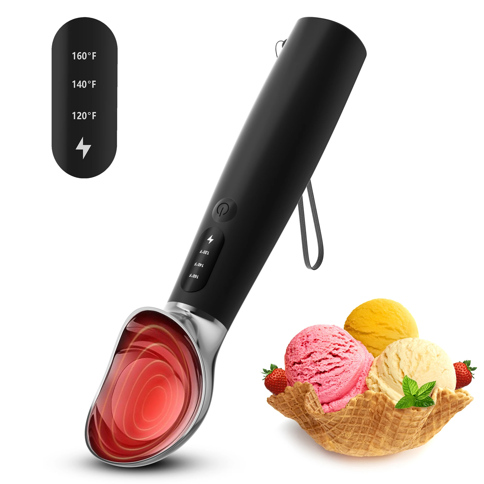 Heated Ice Cream Scoop, Electric Heating Ice Cream Scoop 3-Level (120°F/140°F/160°F) for Rock-Hard Ice Cream, Typc-C Rechargeable Warming Ice Cream Scooper, IPX7 & Easy Clean, Black
