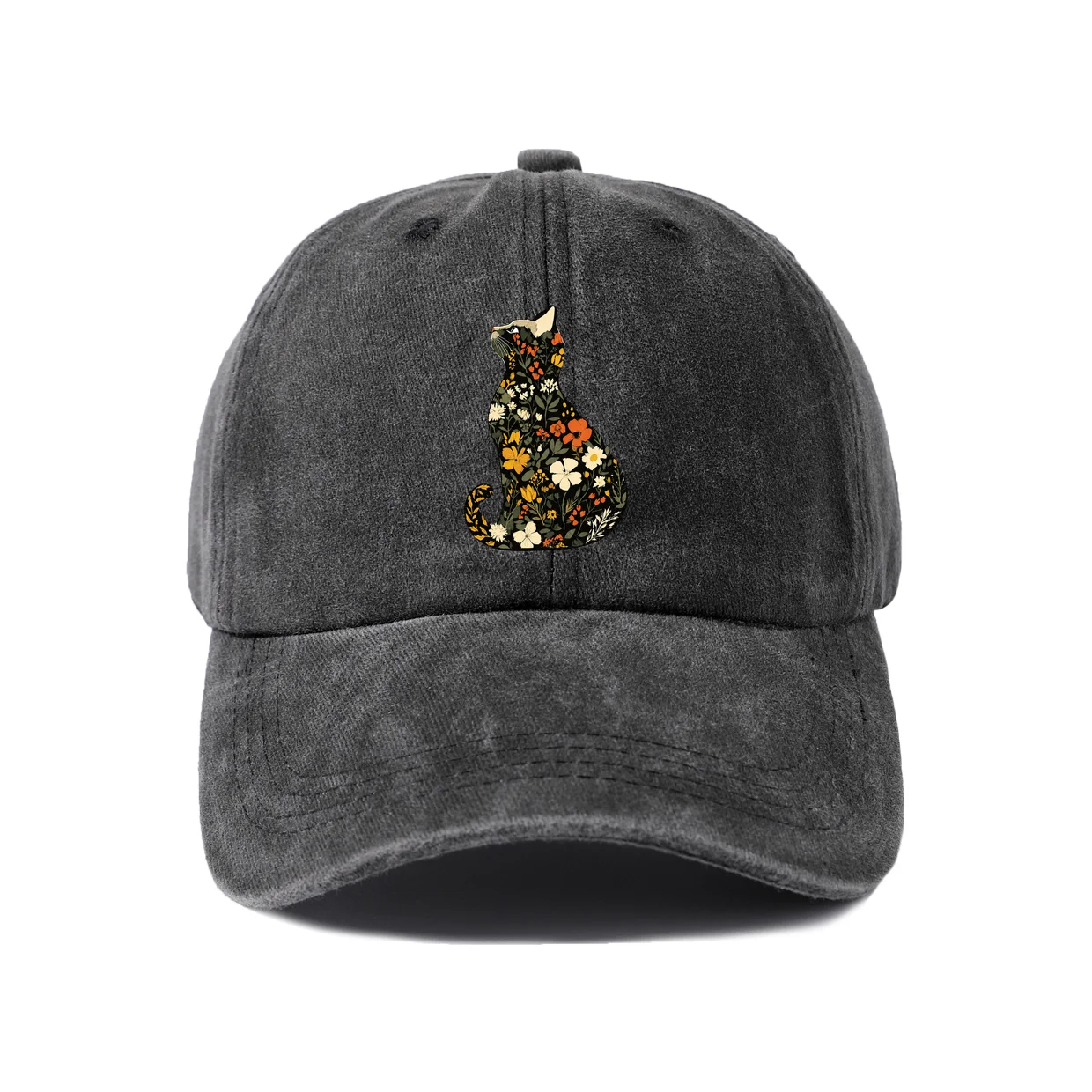 Floral Cat Silhouette Graphic Baseball Cap, Vintage Washed Adjustable Unisex Dad Hat, Everyday Gift