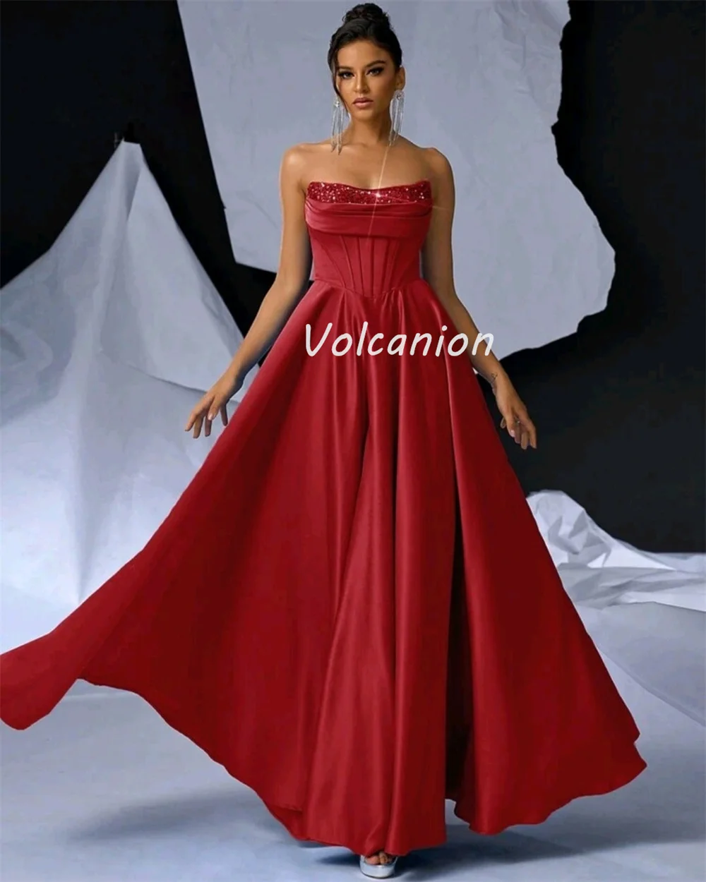 Customized High Quality Exquisite Charmeuse Sequined Pleat A-line Strapless Long Dresses Bespoke Occasion Dresses Fashion Sexy