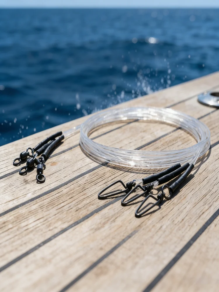 6 Stück 100% Fluorocarbon-Vorfächerleinenschnur, vorgebunden mit Kugelwirbel und Karabiner, hochfeste Angelschnur – Detail 8