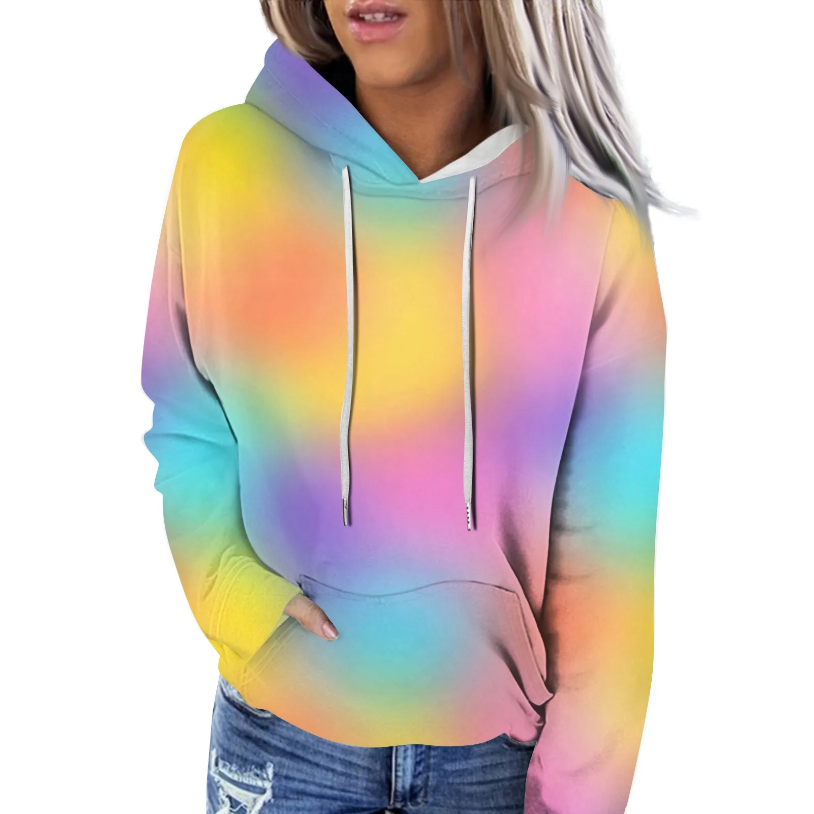 Women's Personalized rainbow tie dye hooded sweatshirt Fashion Casual Long Sleeve Hooded Sweatshirts Street Trends Sweater Top