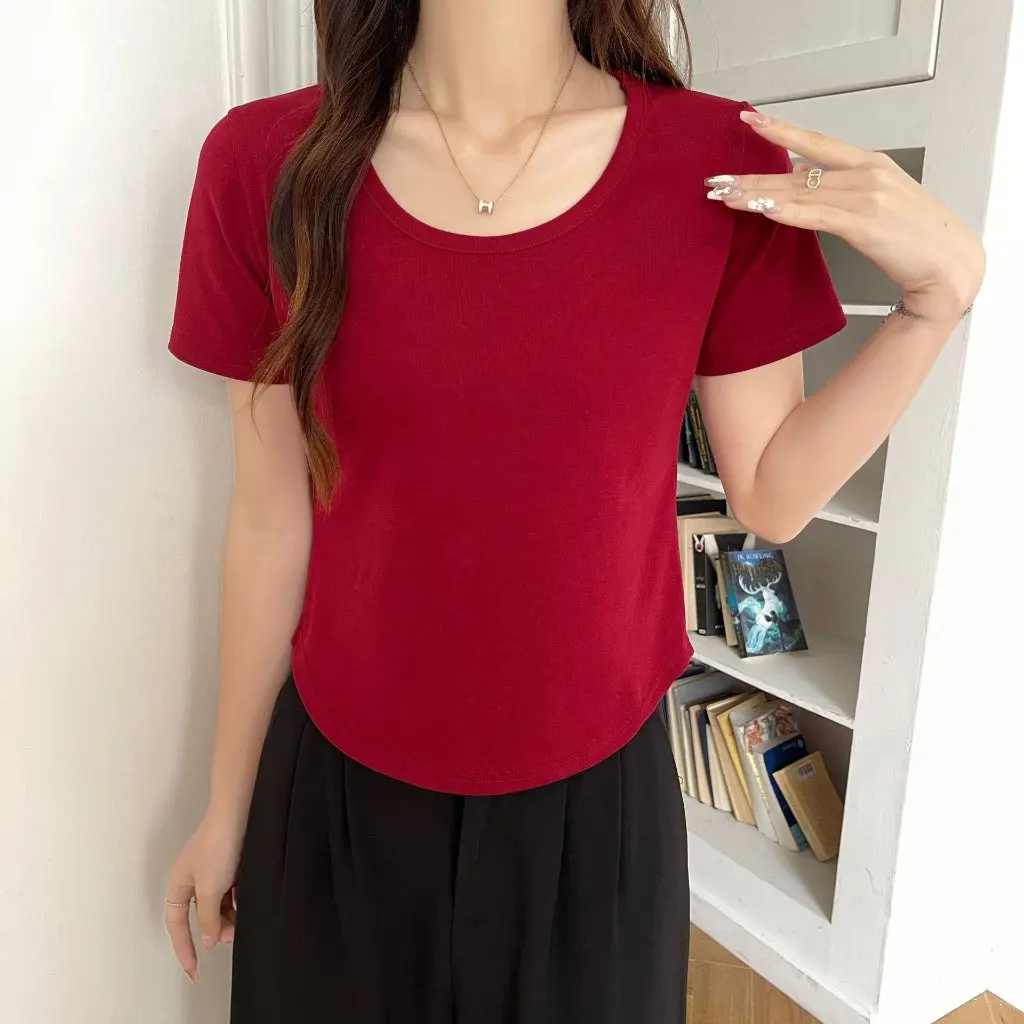

Women's Off-Shoulder U-Neck Short-Sleeved T-Shirt Pure Cotton Stretch Slim Fit Summer Top All-Match Bottoming Hot Outer Wear