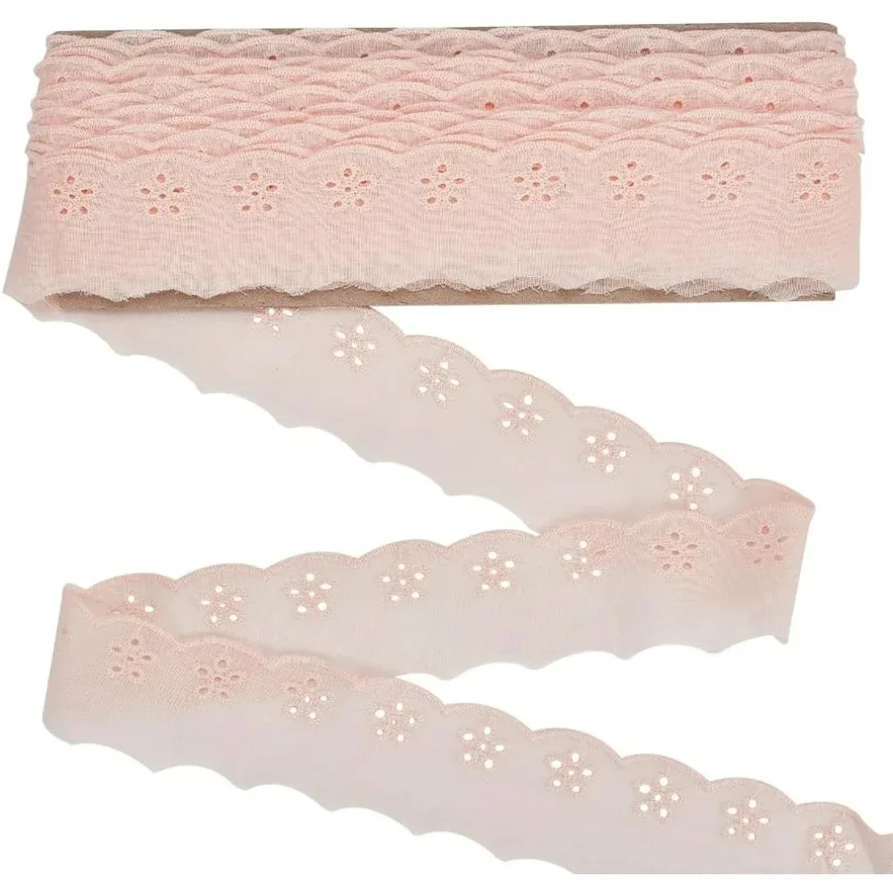 

15 ярдов хлопковая кружевная бейка шириной 1-5/8 дюймов, розовая хлопковая кружевная лента с люверсами, кружевная отделка с цветочной вышивкой, волнистый край, цветочный хлопок