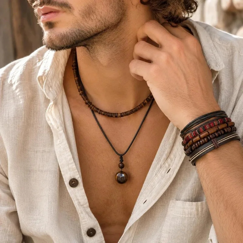 2PCS/SET Fashion Vintage Boho Necklace Bracelets for Men 70s Hippie  Punk Sweater Chain Jewelry Accessories Male Gift ﻿