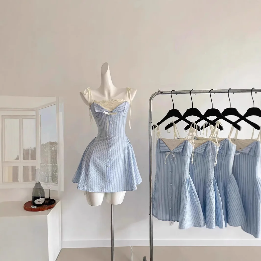 

Women's Summer New Blue Striped Spaghetti Strap Dress Lace Patchwork Design Cinched Waist A-line Mini Dress for Petite