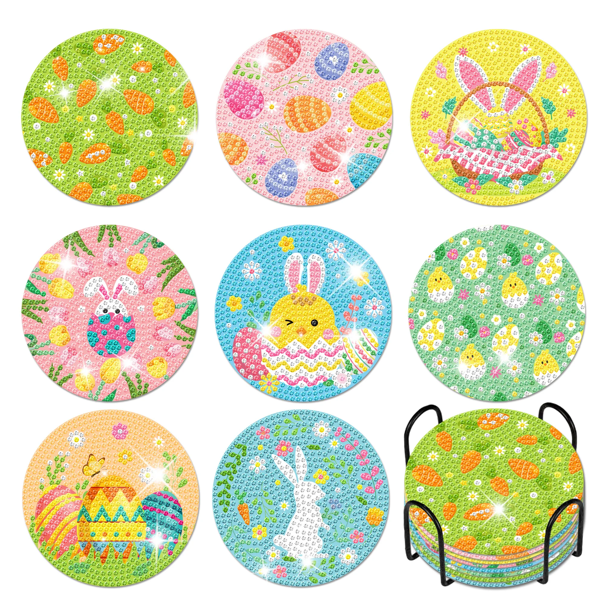 8pcs/box Easter Egg DIY Diamond Painting Coasters with Holder For Drinks Coaster Diamond Art Kits Adults Gifts Diamond Craft