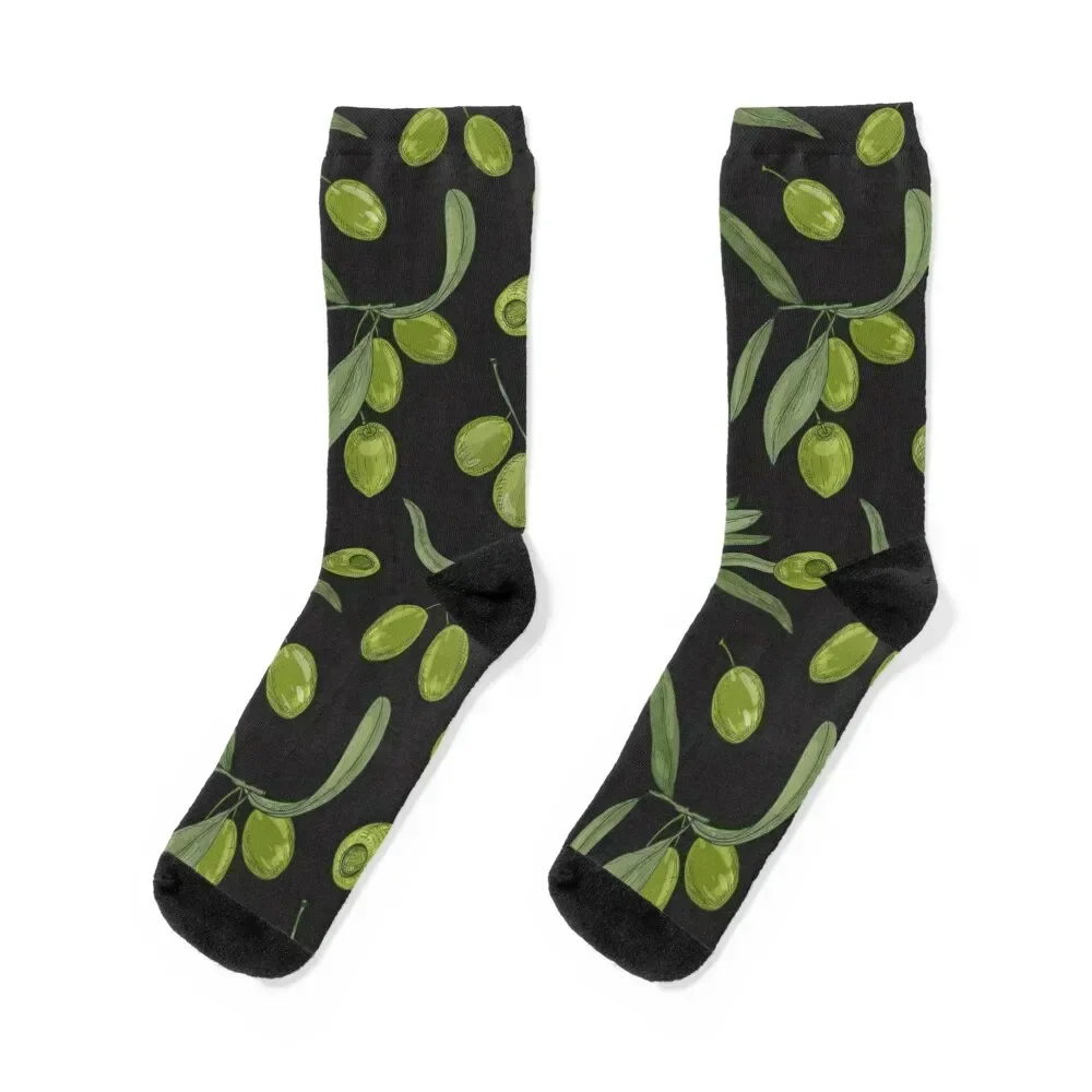 

Green Olives with Leaves on Black Pattern Socks Children's New year's Men's Novelties Socks Women Men's