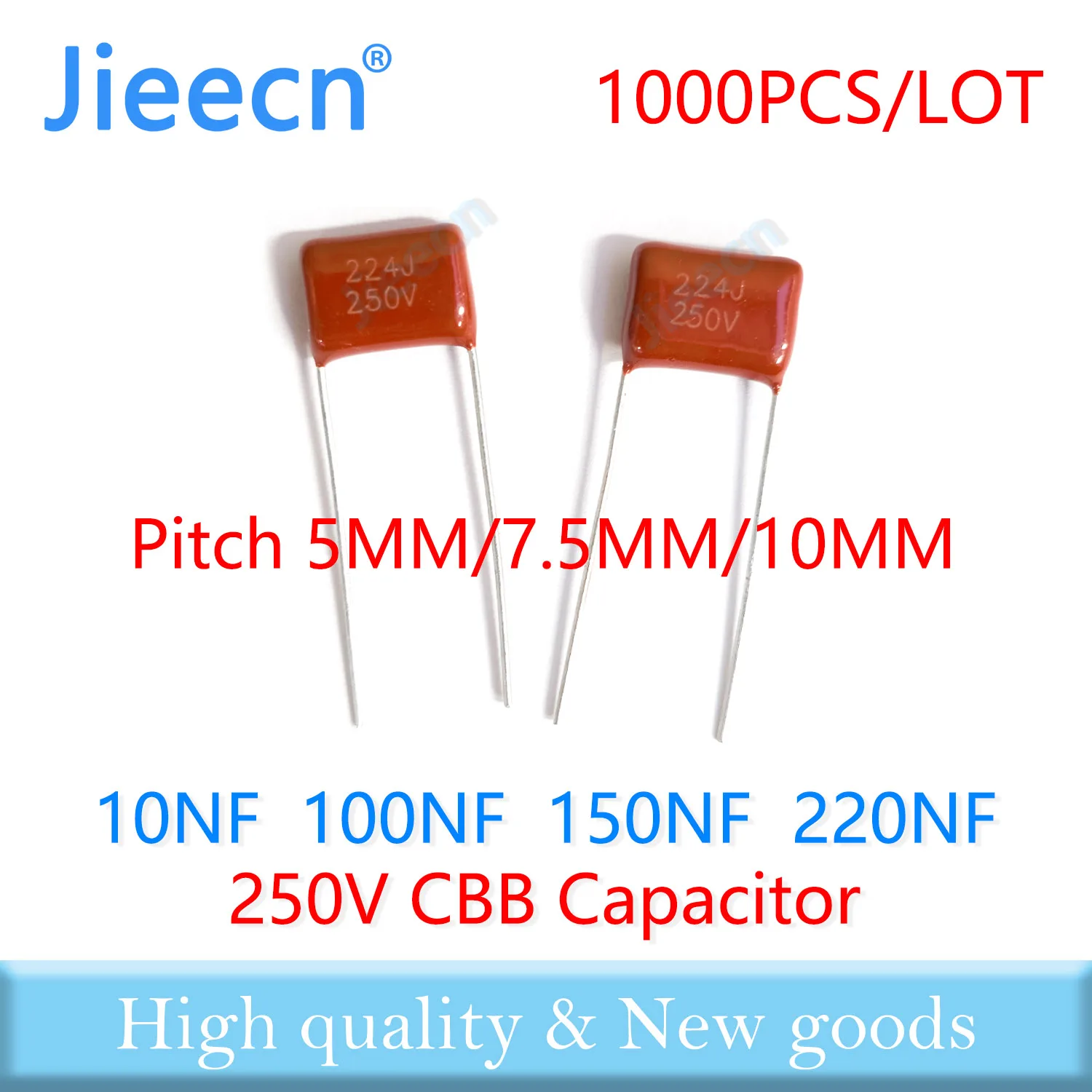 1000PCS 5MM 7.5MM 10MM 250V 10NF 100NF 150NF 220NF 103J 104J 154J 224J CBB Polypropylene Film Capacitor High Quality 103K 104K