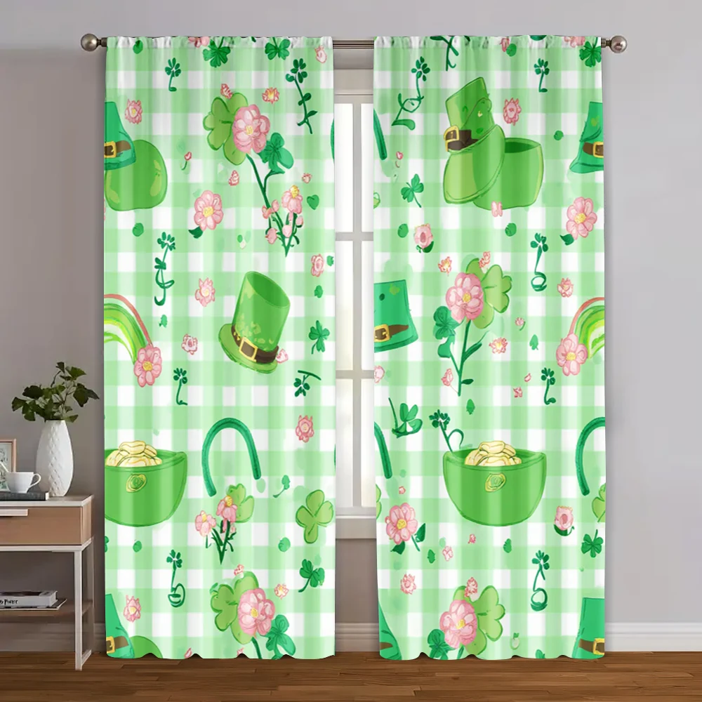 

2pcs, Curtains&Drapes Green Shamrock Hat Versatile Polyester (without rod) Decorations Outdoor for Living Room, Semi-Sheer