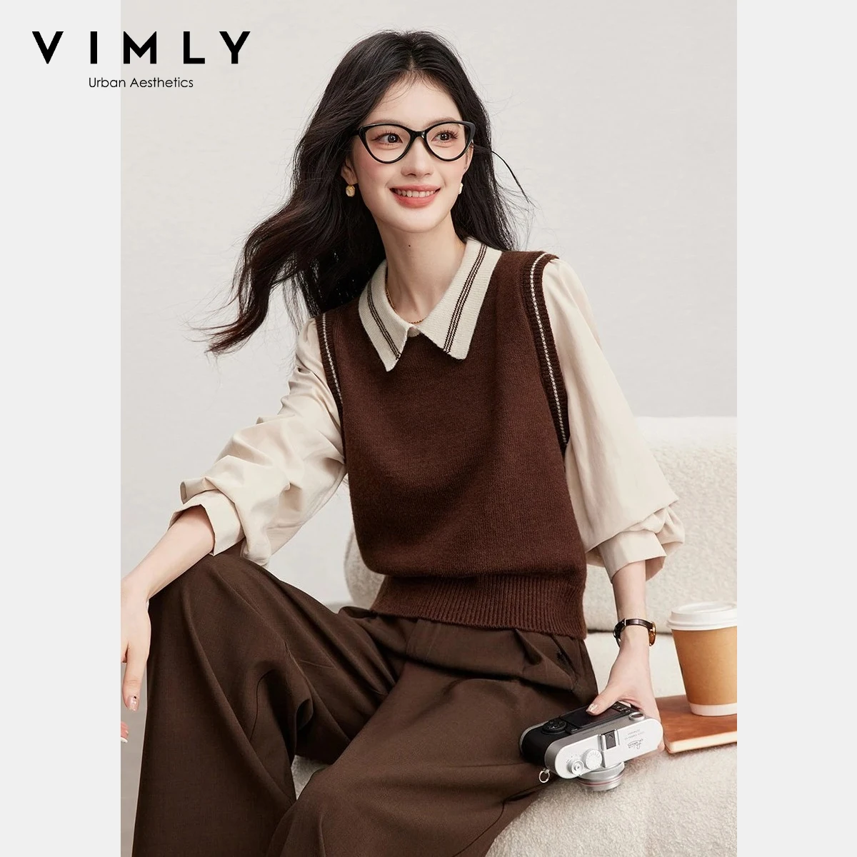 

VIMLY Women's Patchwork Knit Top Long Sleeve Pullover Sweater 2026 Spring Fall Coffee Vintage 2 in 1 Jumper Woman Knitwear 30595