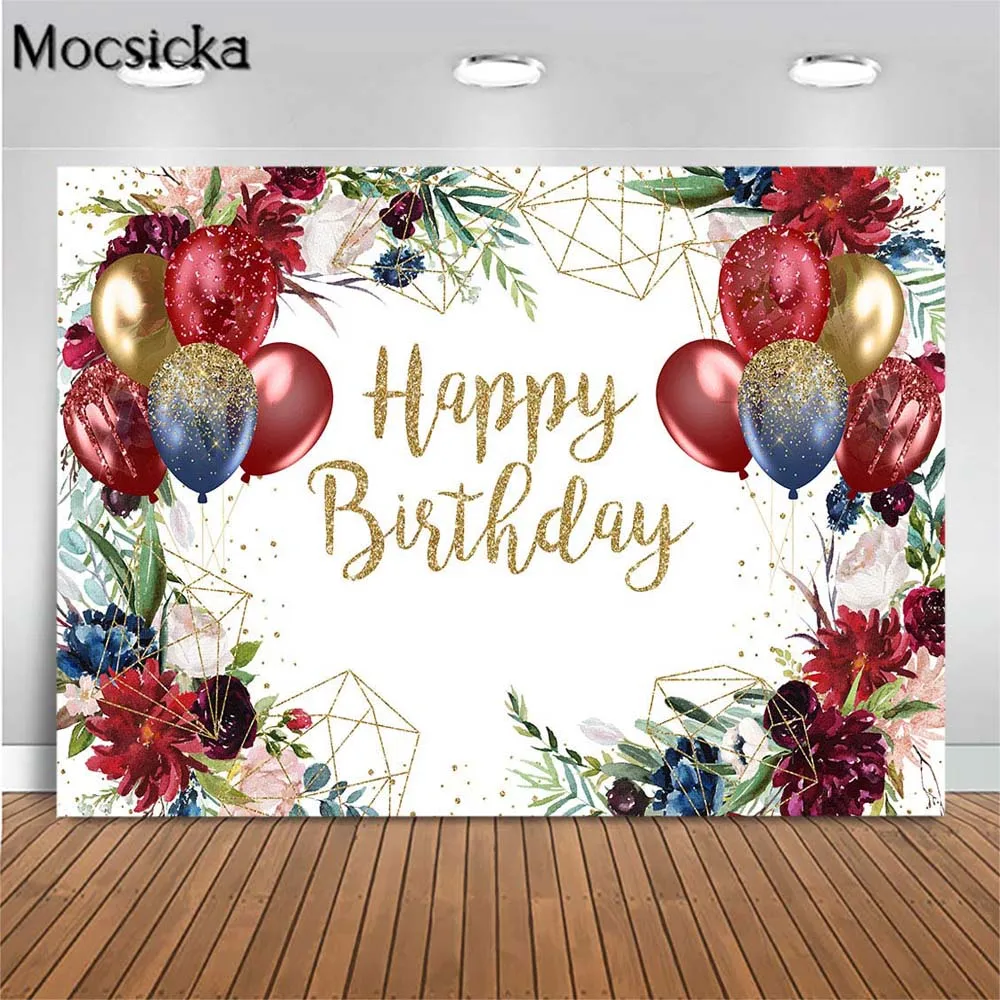 

Mocsicka Happy Birthday Backdrop Adult Women Birthday Party Decoration Photo Background Red Balloon Flower Birthday Banner Props