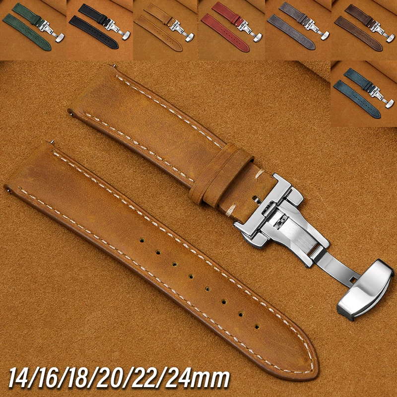 Butterfly Clasp Deployant - Vintage Matte Leather Watch Strap 14/16/18/20/22/24mm