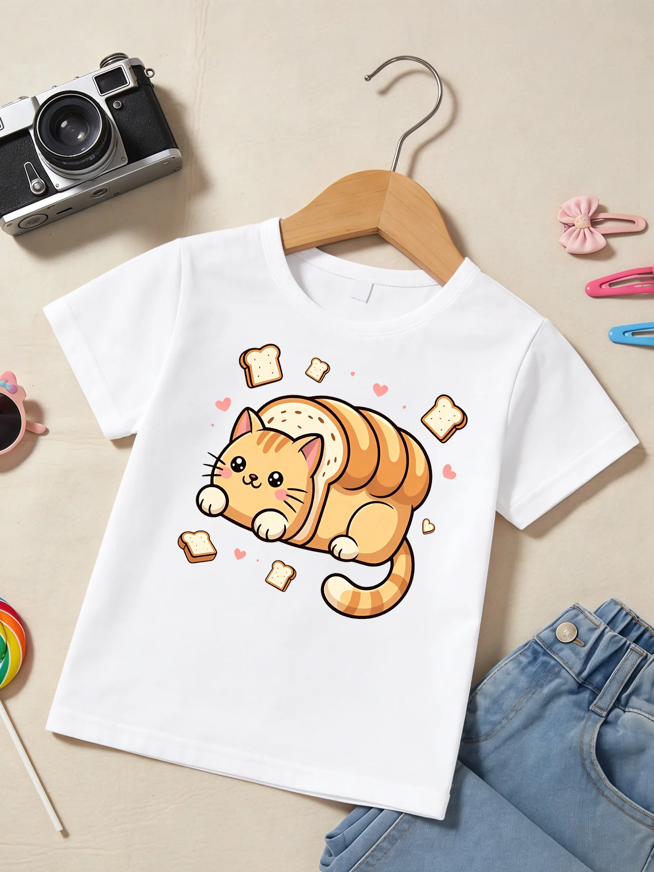 Cartoon Croissant Kitty And Bread Slices Graphic T Shirt Boys Girls Cute Short Sleeve Tee Family Matching Kids Cotton Tops