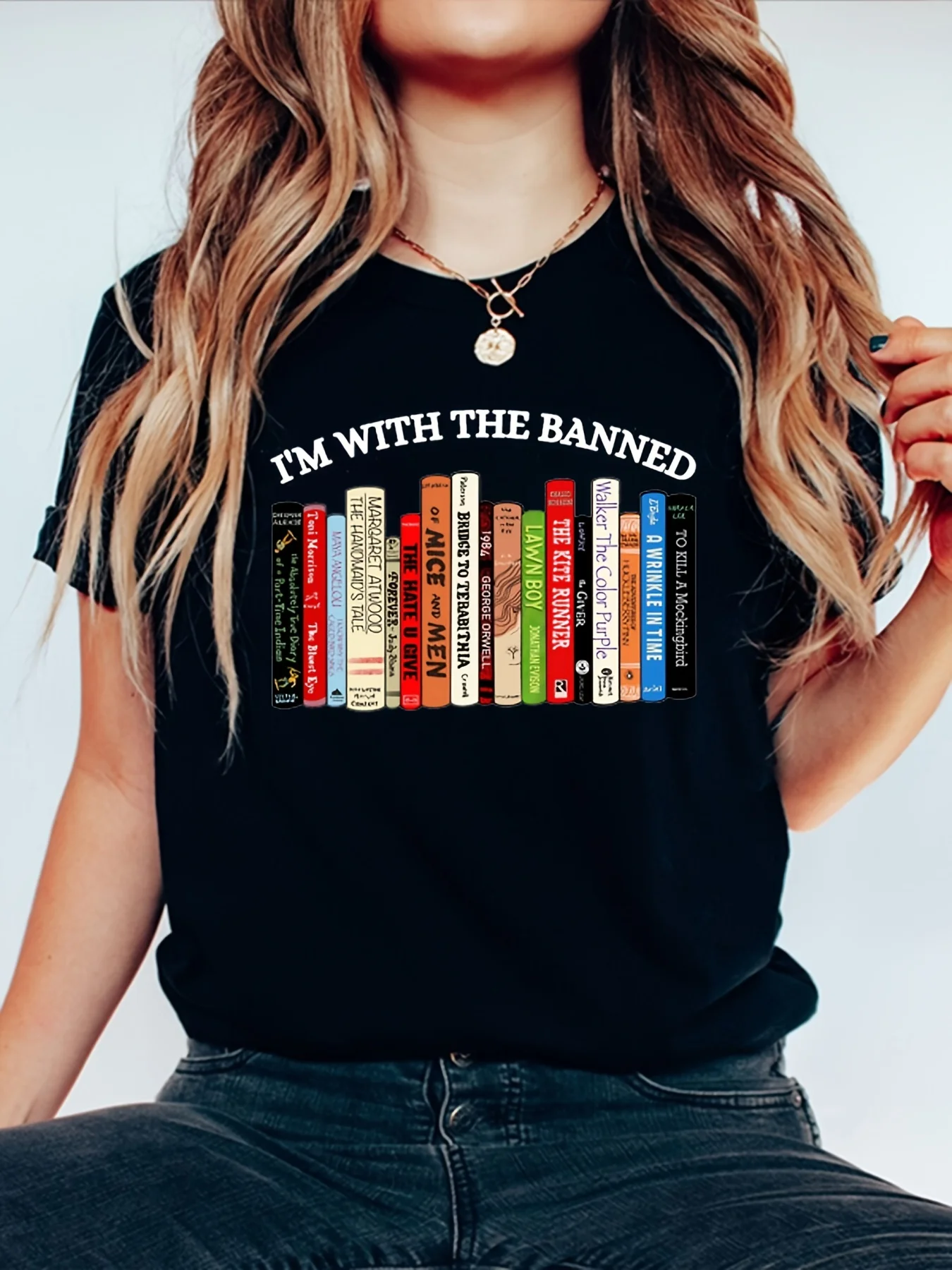 Books & Letter Print T-Shirt, Casual Crew Neck Short Sleeve Top For Spring & Summer, Women's Clothing