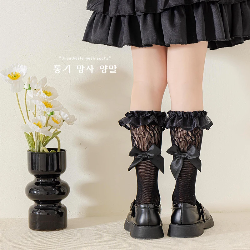 Pretty Kids Summer Thin Lolita Long Stockings With Giant Bowknot Decoration Breathable Mesh Sheer Tulle Lace Ruffle Soft Hosiery