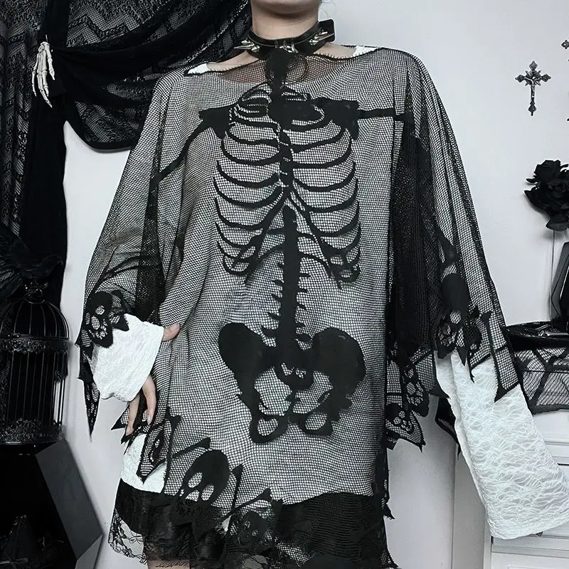 Gothic Skull Punk Y2k Halloween Wraps Lace Cape Women Vintage Top See Through Black White Skeleton Cloak Sexy Cosplay Outfits