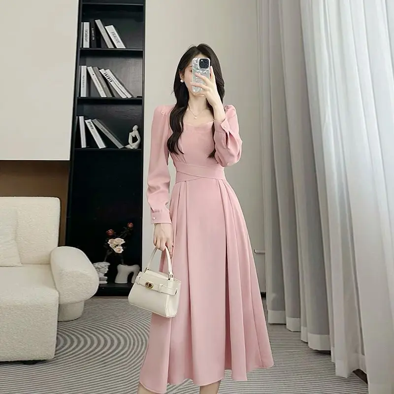 Women\'s Spring Fashion Simplicity Solid Color Square Collar Long Sleeve Dresses Women Clothes Casual Temperament Elegant Dress