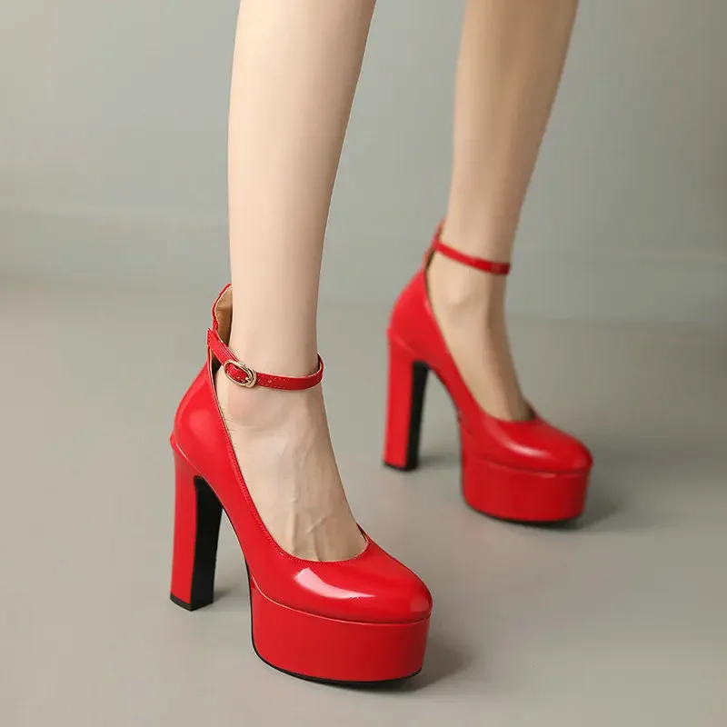 

Красочные розовые, фиолетовые, желтые лакированные туфли-лодочки из искусственной кожи для зрелых женщин, размер 33–43, женские туфли на платформе Мэри Джейн на толстом высоком каблуке-шпильке