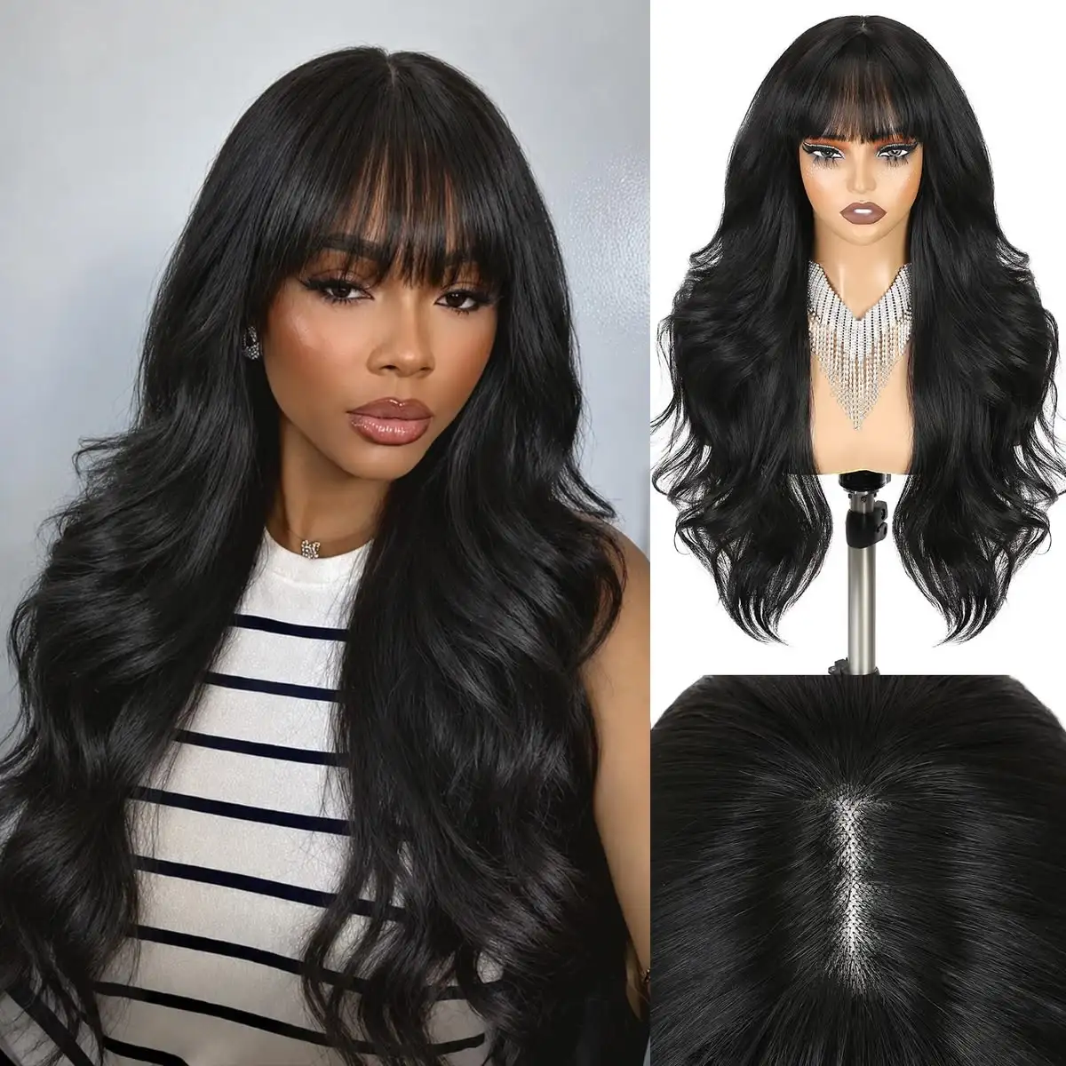 Body Wave Wig With Bang Human Hair Wig For Women 34 Inches Full Machine Made Brazilian Hair Body Wave 3x1 Middle Part Ready To Wear Wig With Bangs