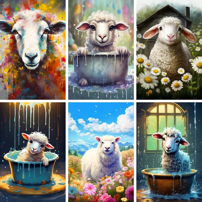 Cute Lamb Diy Diamond Painting Full Square Round White Sheep Diamond Embroidery Lovely Baby Goat Mosaic Cross Stitch