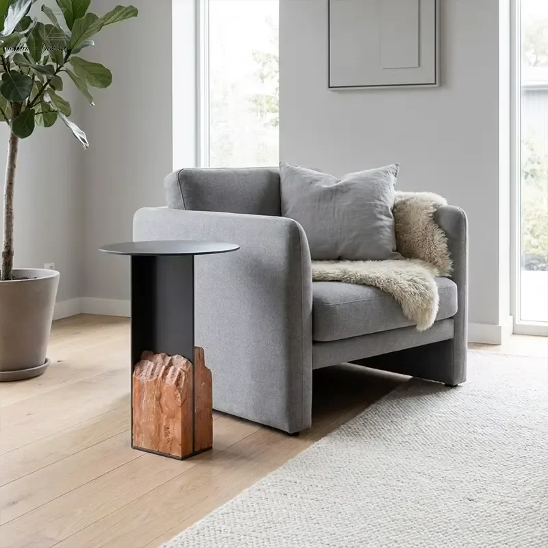 Nordic Brutalist Industrial Aesthetic Raw Natural Stone Block Metal Column Round Top Living Room Accent Side End Table