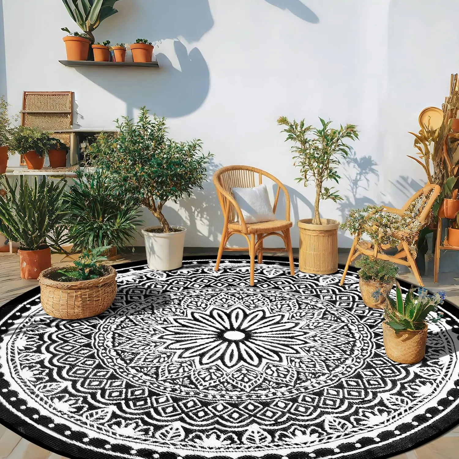 

Round Outdoor Rug 8Ft for Patio Waterproof, Outdoor Reversible Mat, Portable RV Camping Mats, Lightweight Plastic Straw Rugs